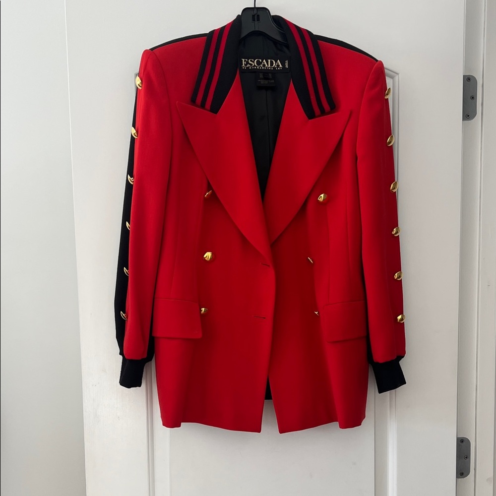 Escada Red and Black Double-Breasted Blazer with Gold Buttons